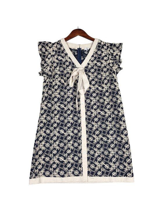 Voy Dresses & Skirts - Voy Mini Dress Women's Large Navy Cream Floral Embroidered Flutter Sleeve Preppy